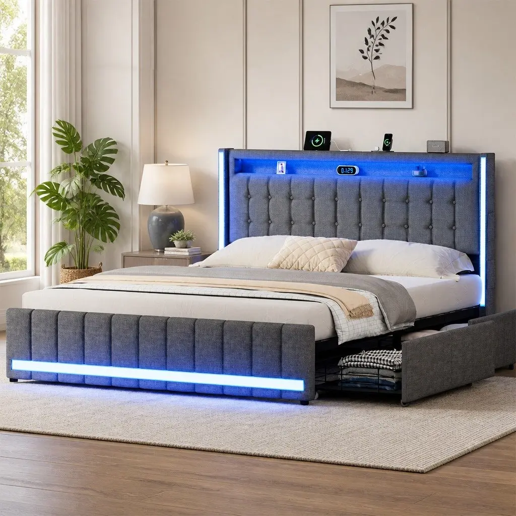 Double Bed Frame with Storage and USB Charging