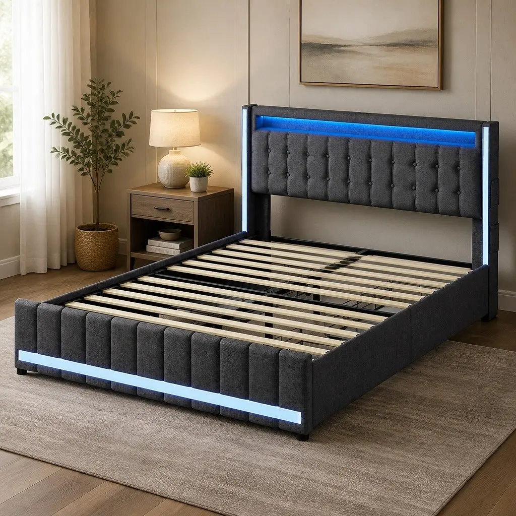 Double Bed Frame with Storage and USB Charging
