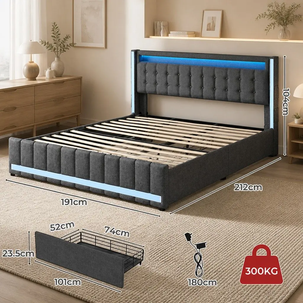 King Bed Frame with USB Ports and LED Lighting