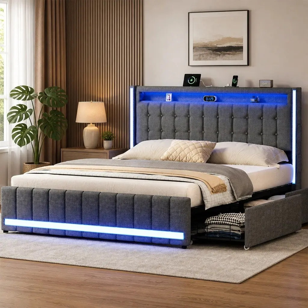 King Bed Frame with USB Ports and LED Lighting