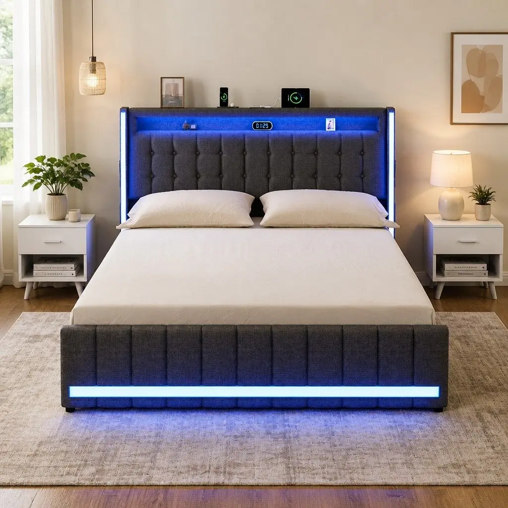 King Bed Frame with USB Ports and LED Lighting