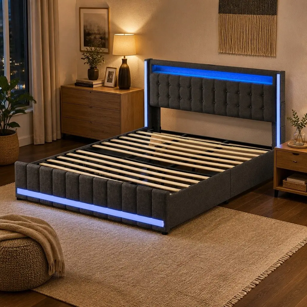 King Bed Frame with USB Ports and LED Lighting