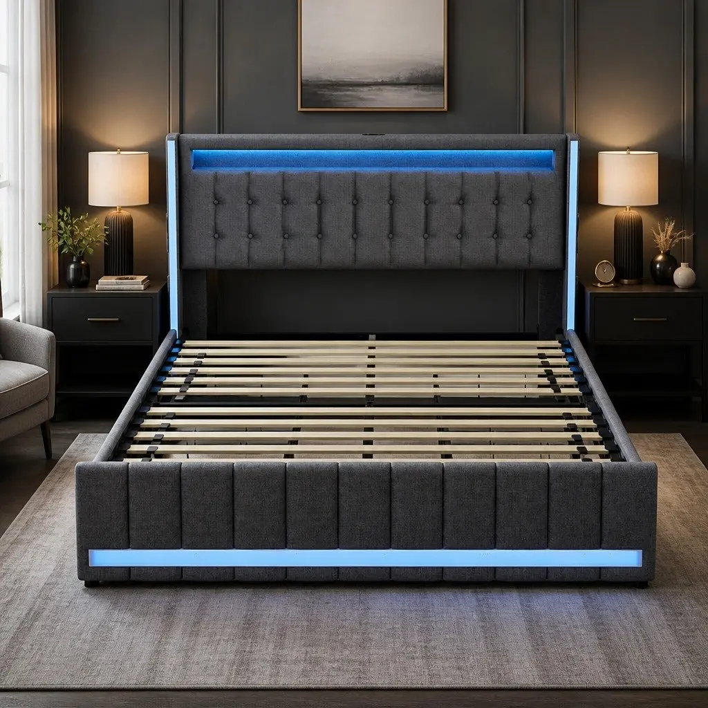Gray Queen Bed Frame with LED Headboard