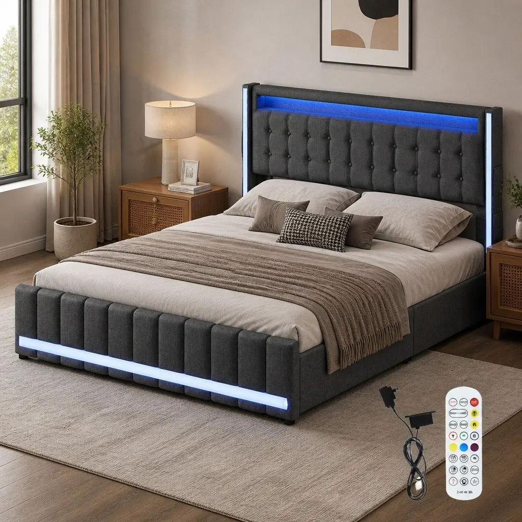 Gray Queen Bed Frame with LED Headboard