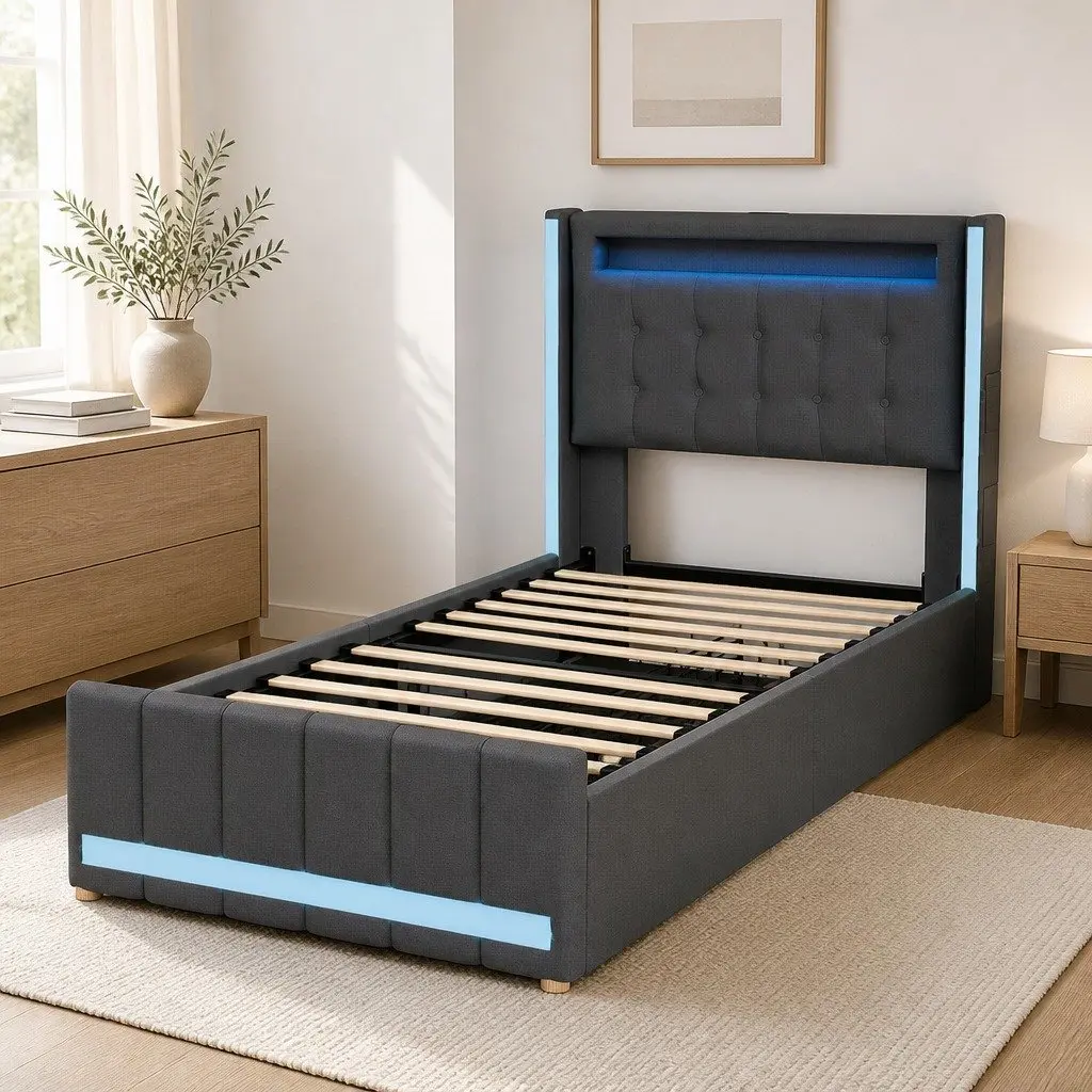 Single Bed Frame with Storage & LED Headboard