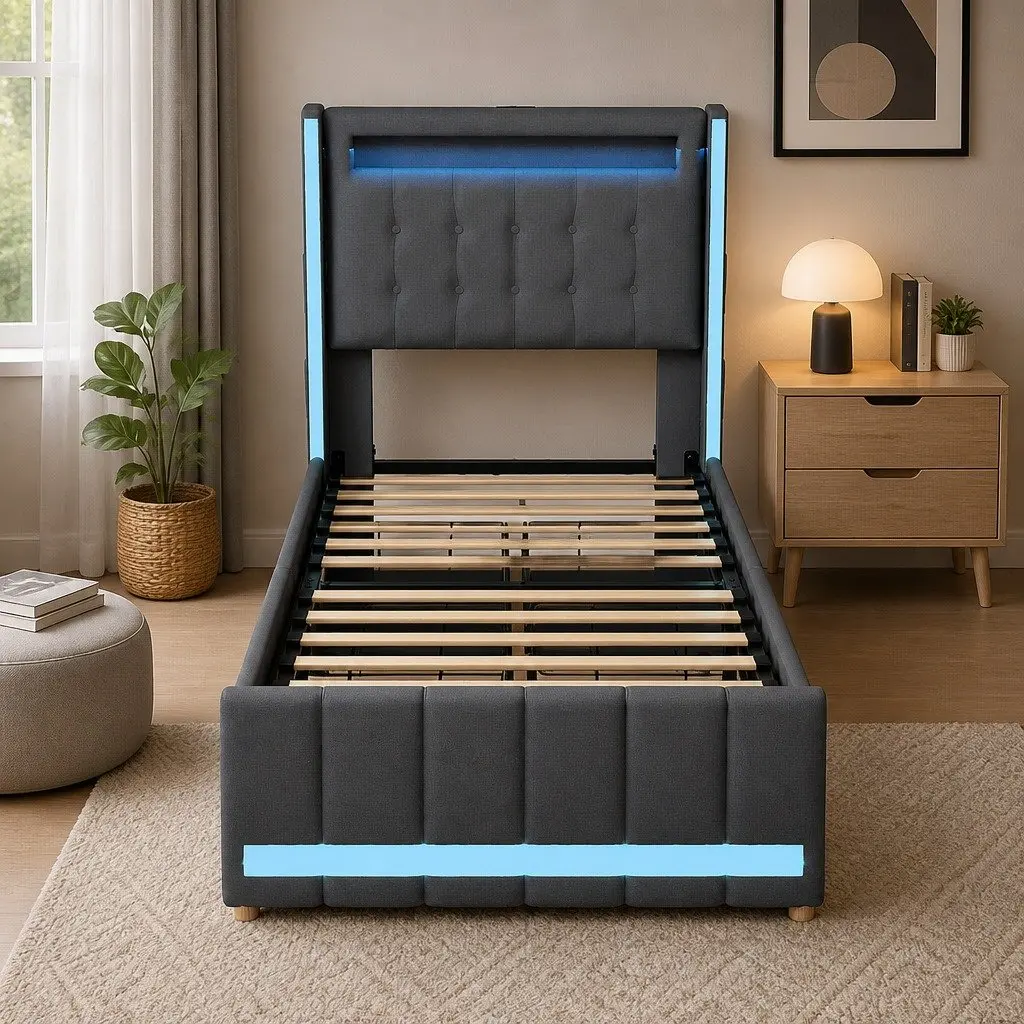 Single Bed Frame with Storage & LED Headboard