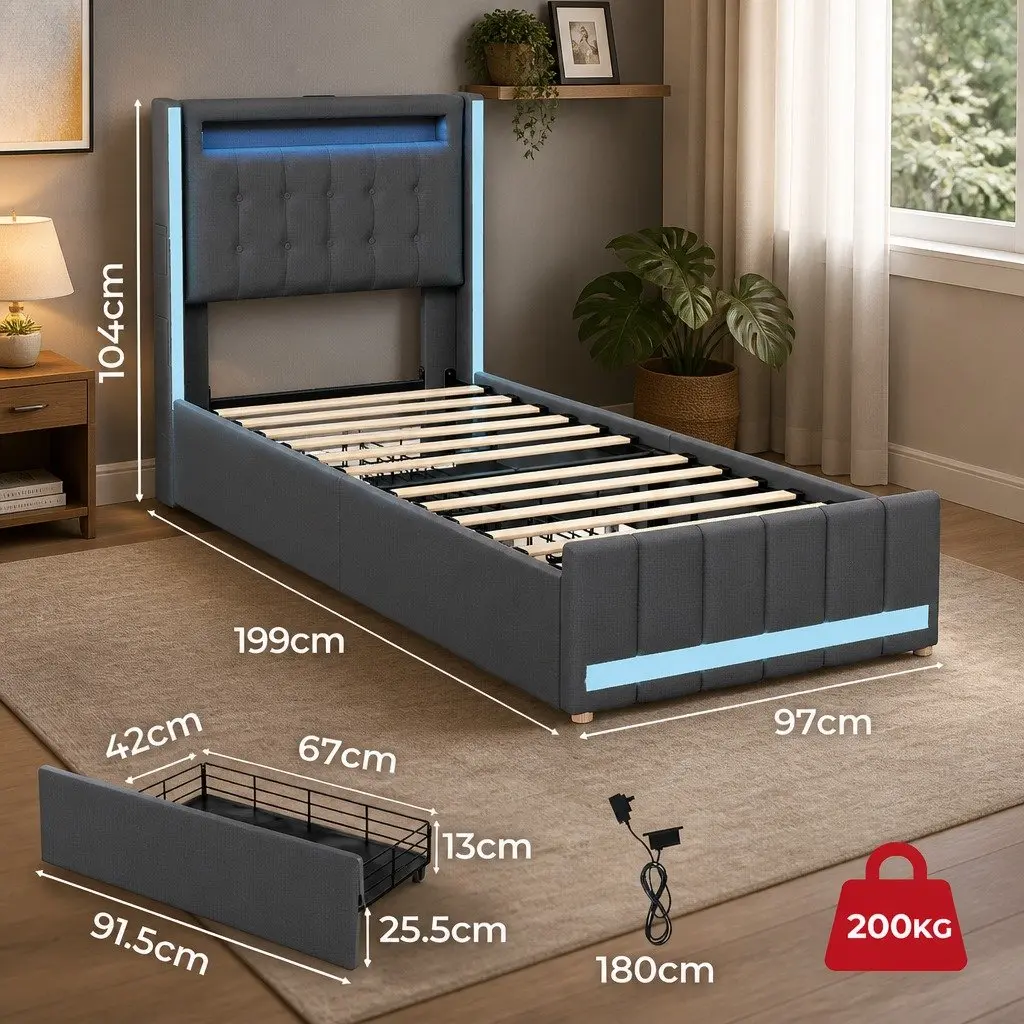 Single Bed Frame with Storage & LED Headboard