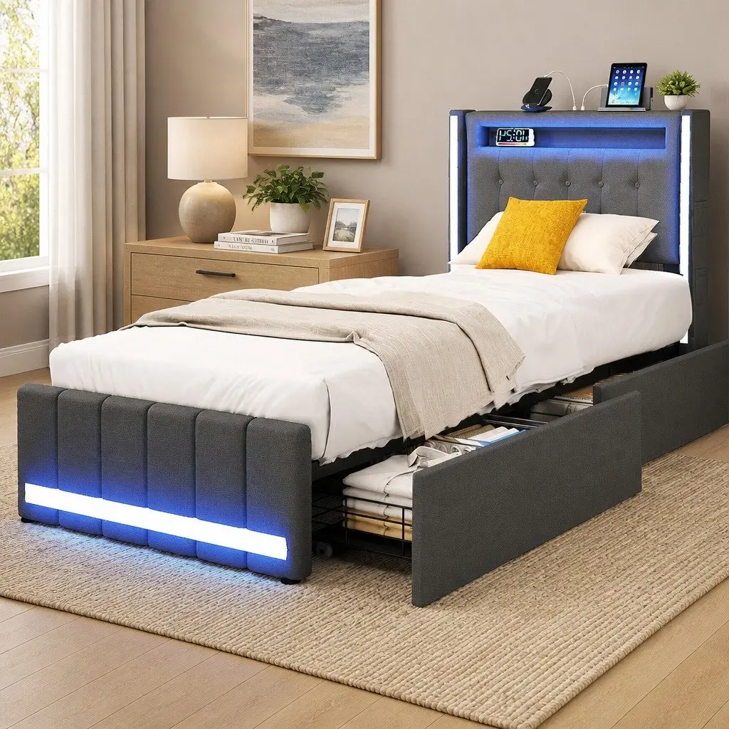 Single Bed Frame with Storage & LED Headboard