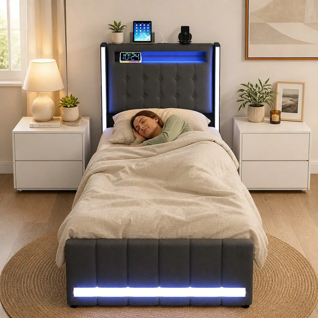 Single Bed Frame with Storage & LED Headboard