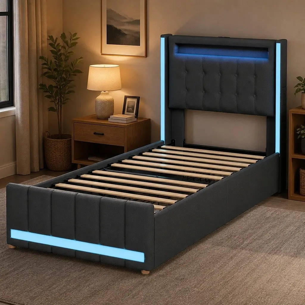 Single Bed Frame with Storage & LED Headboard