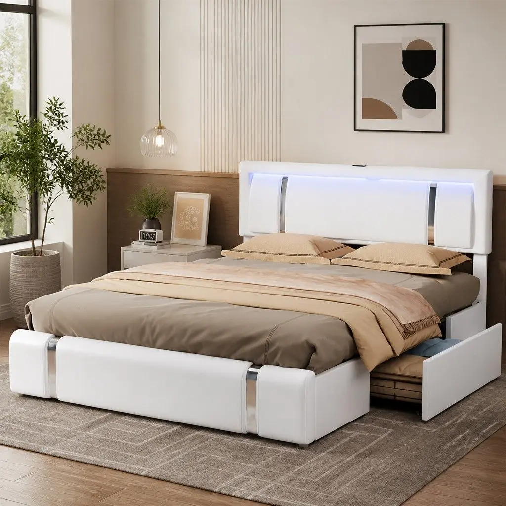 Double Bed Frame with Adjustable Headboard and LED Lighting