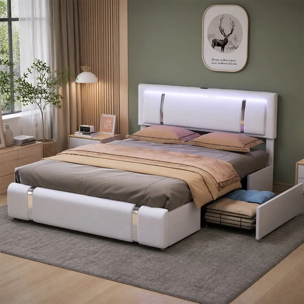 Double Bed Frame with Adjustable Headboard and LED Lighting