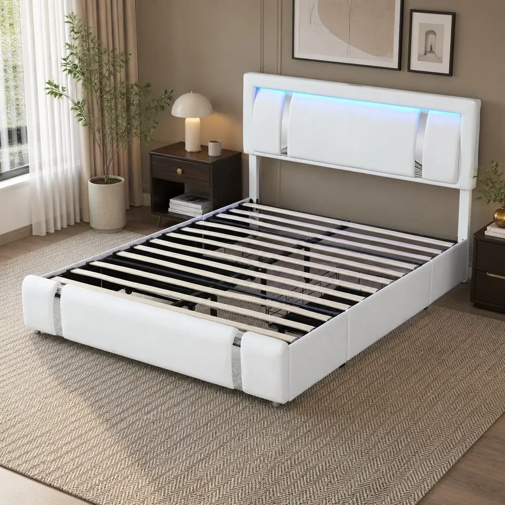 Double Bed Frame with Adjustable Headboard and LED Lighting