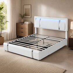 King Bed Frame with Adjustable Leather Headboard RGB LED Lights USB Charging 2