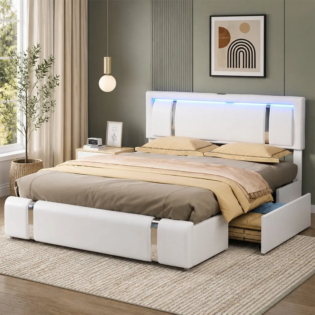 King Bed Frame with Adjustable Leather Headboard