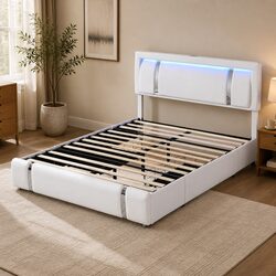 Queen Bed Frame Adjustable Headboard USB Charging LED Light Storage Drawers