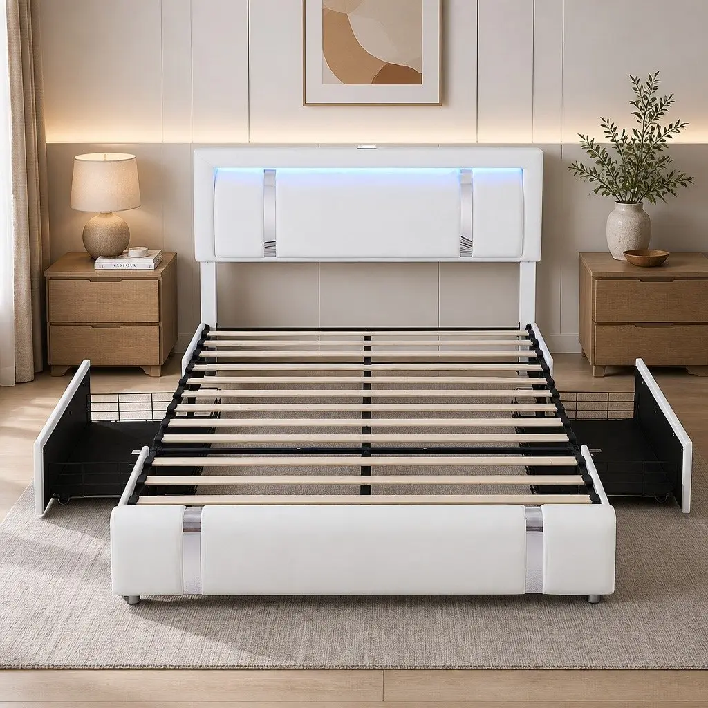 Adjustable Queen Bed Frame with USB Ports and LED Light