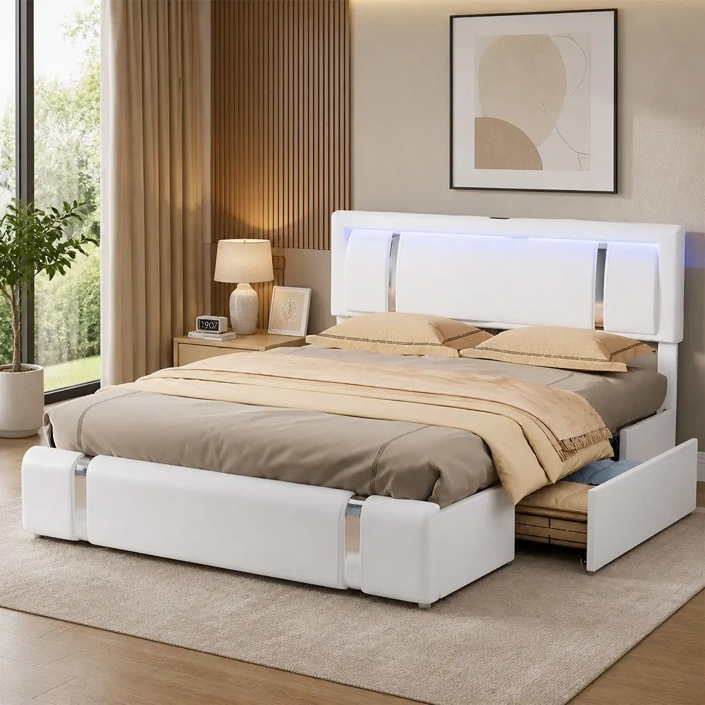 Adjustable Queen Bed Frame with USB Ports and LED Light