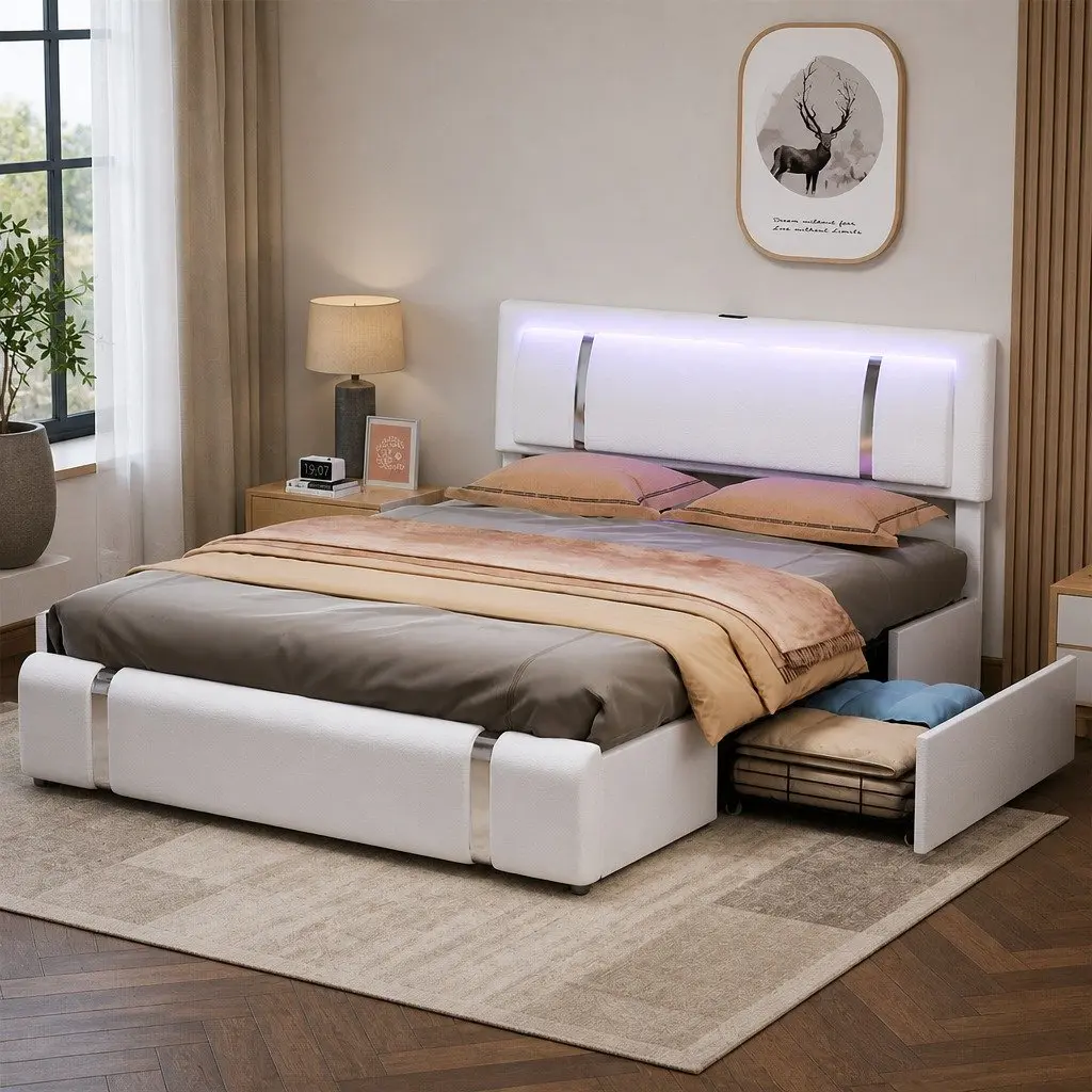 Adjustable Queen Bed Frame with USB Ports and LED Light