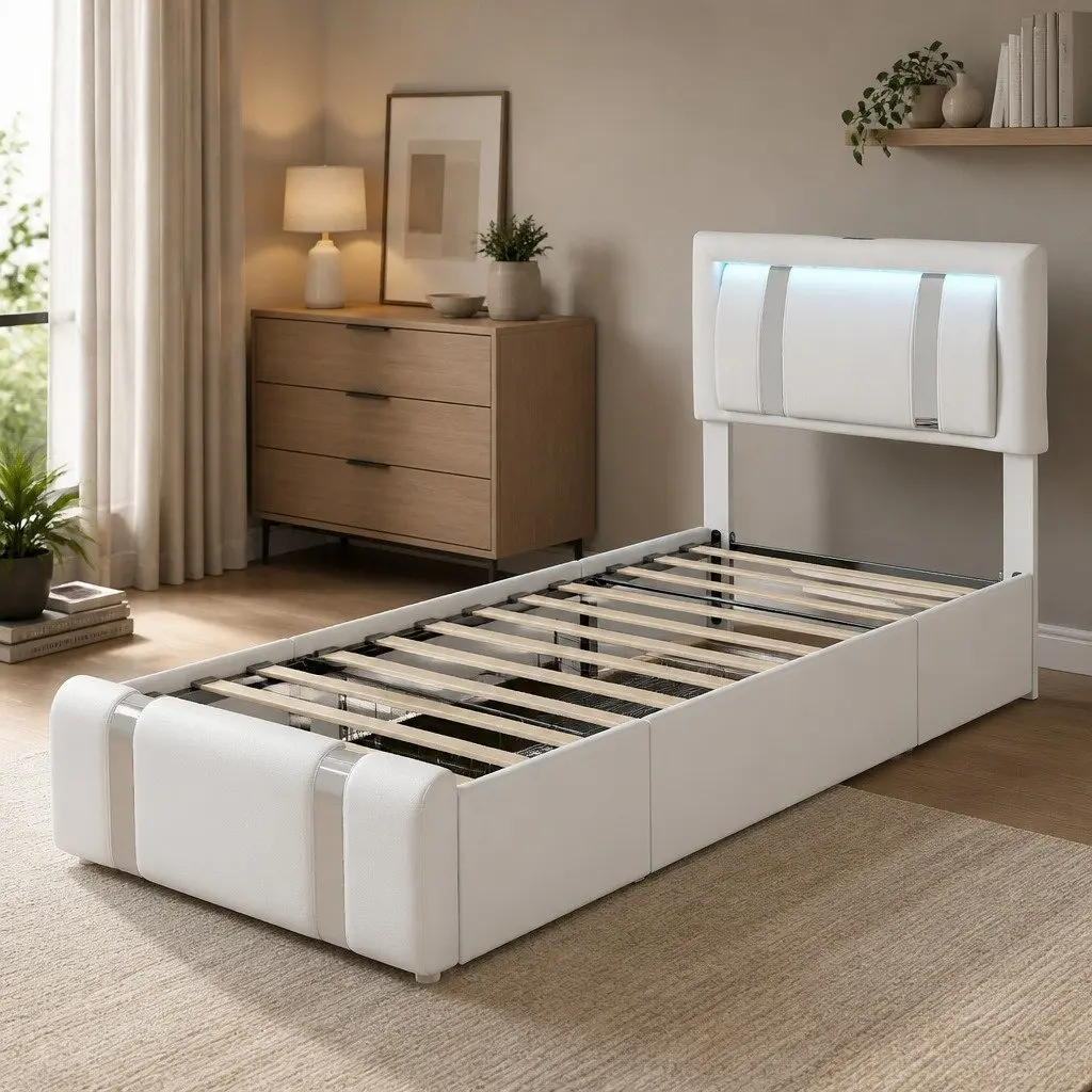 Single Bed Frame with PU Leather Headboard and LED Lights