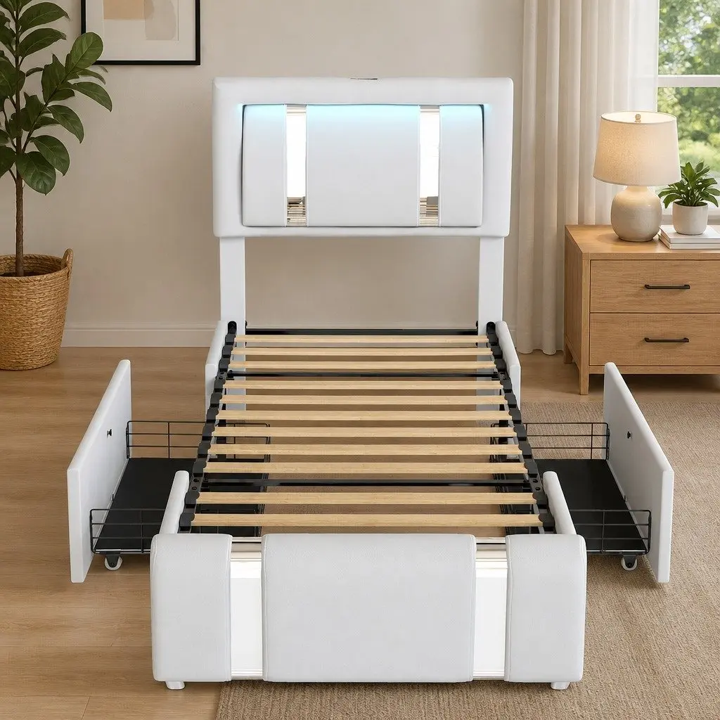 Single Bed Frame with PU Leather Headboard and LED Lights