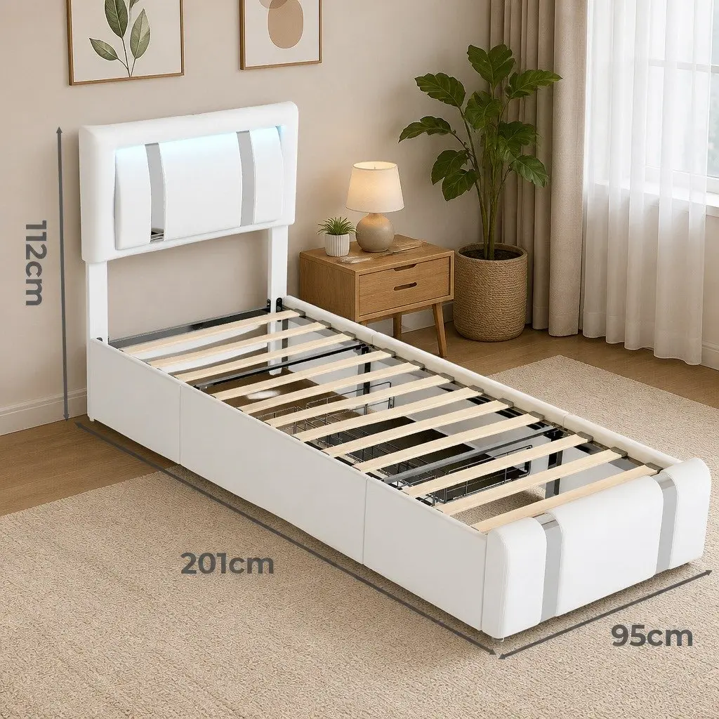 Single Bed Frame with PU Leather Headboard and LED Lights