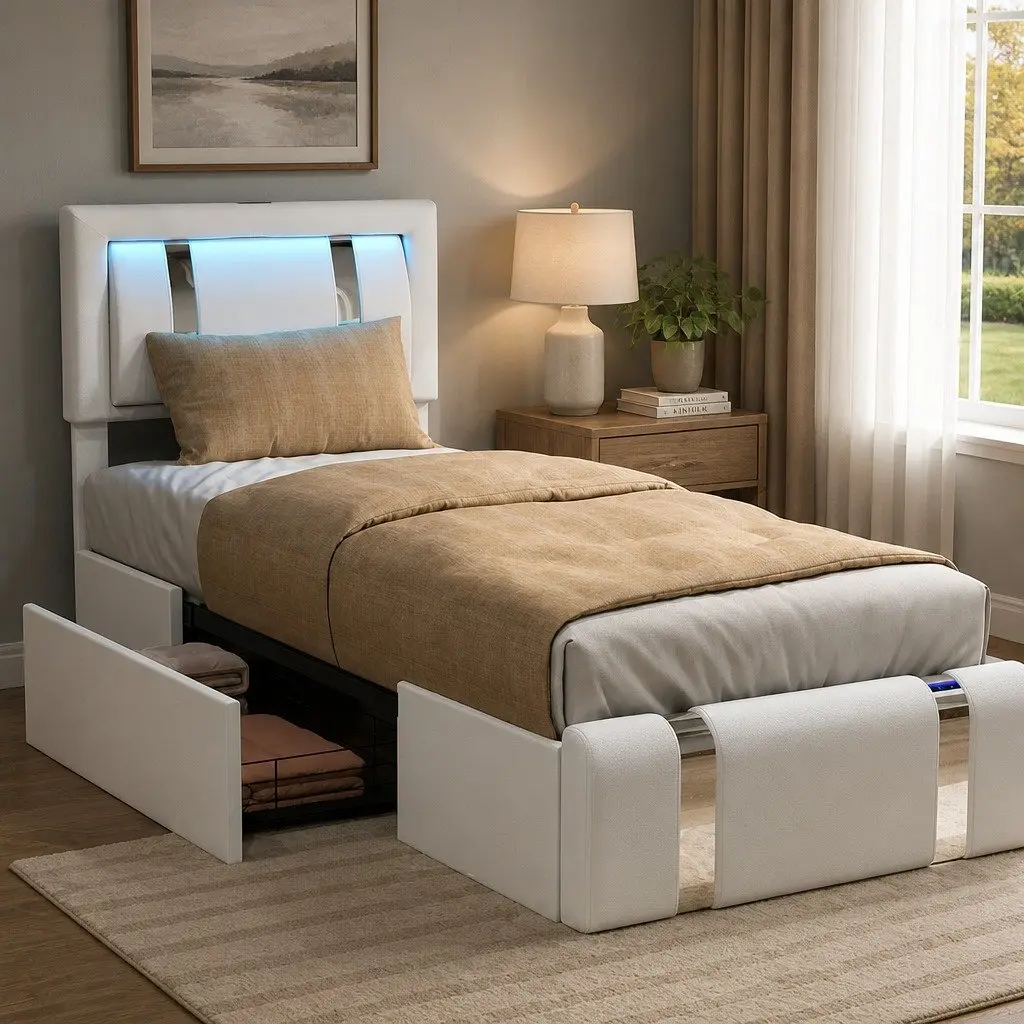 Single Bed Frame with PU Leather Headboard and LED Lights