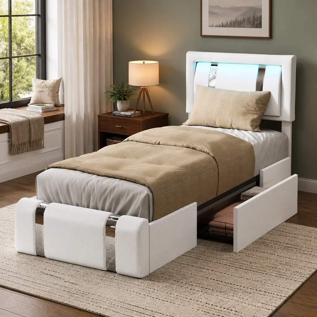 Single Bed Frame with PU Leather Headboard and LED Lights