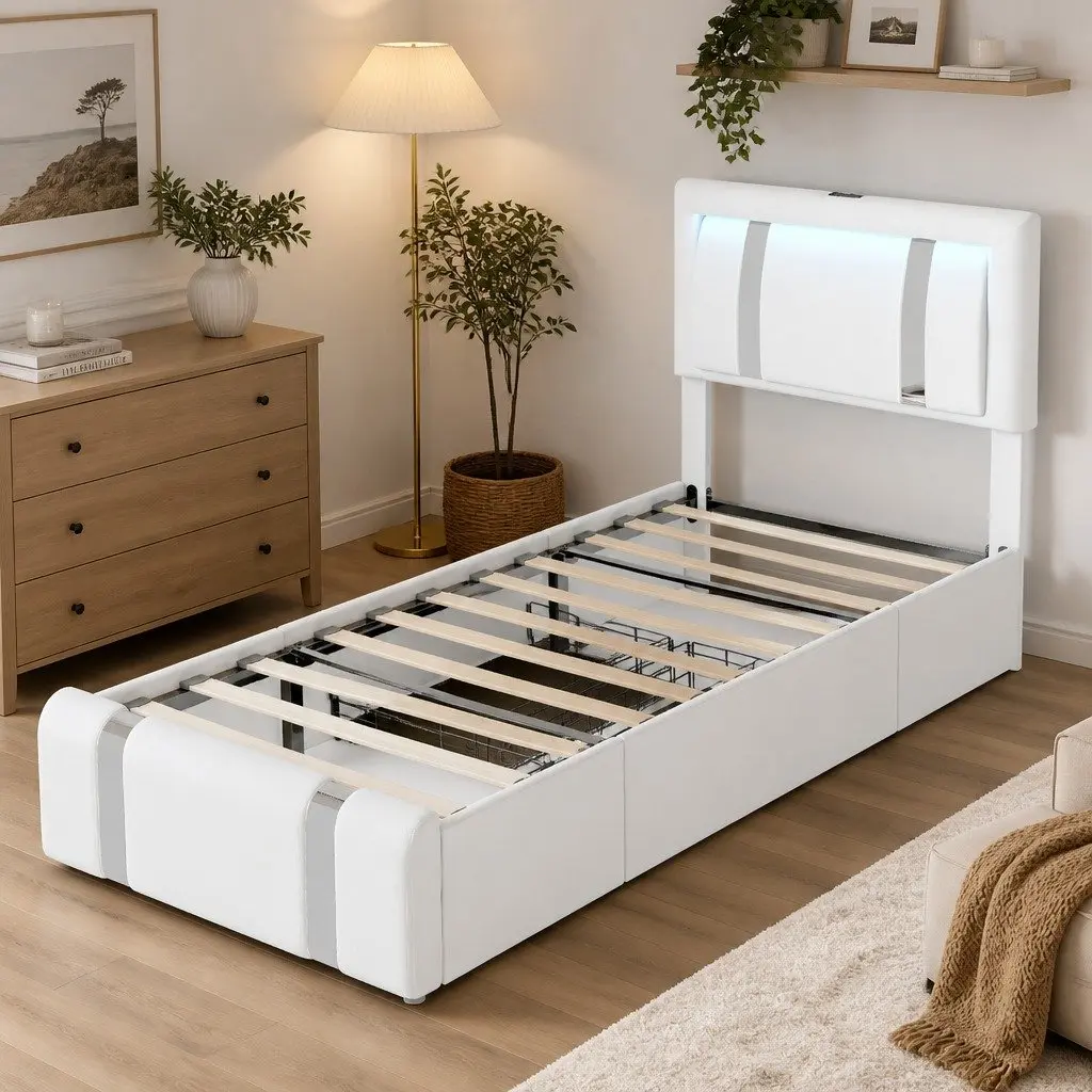 Single Bed Frame with PU Leather Headboard and LED Lights