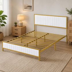 Double Bed Frame with Under Bed Storage Padded Headboard Metal Slats Beige