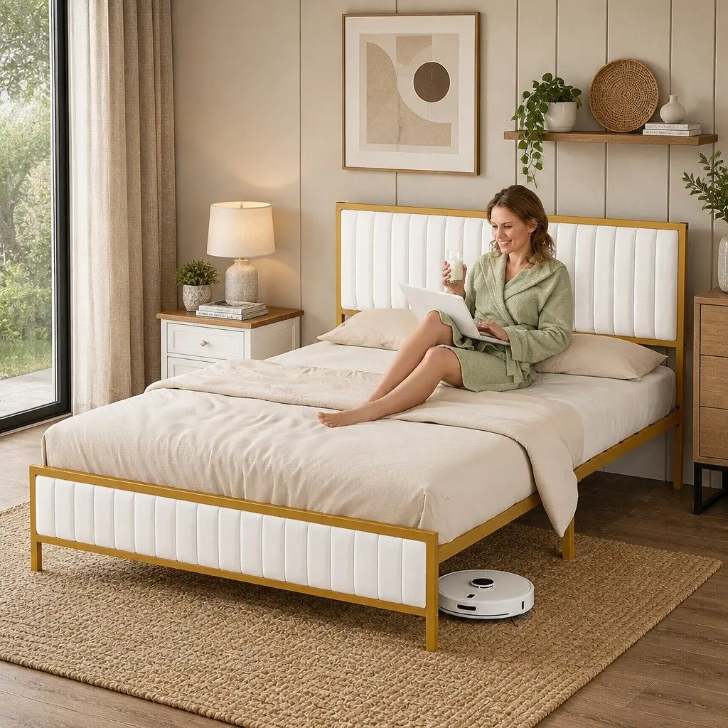 Double Bed Frame with Under Bed Storage in Beige