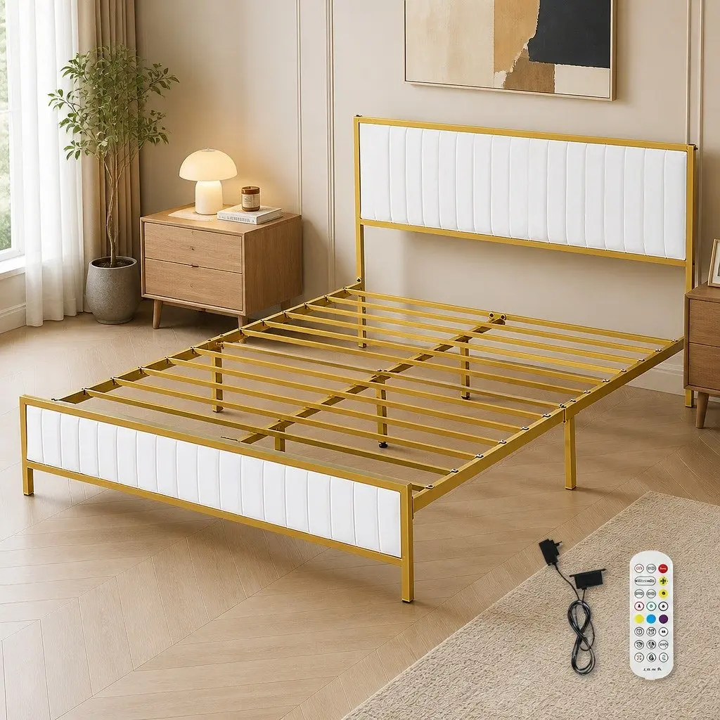 Double Bed Frame with Under Bed Storage in Beige