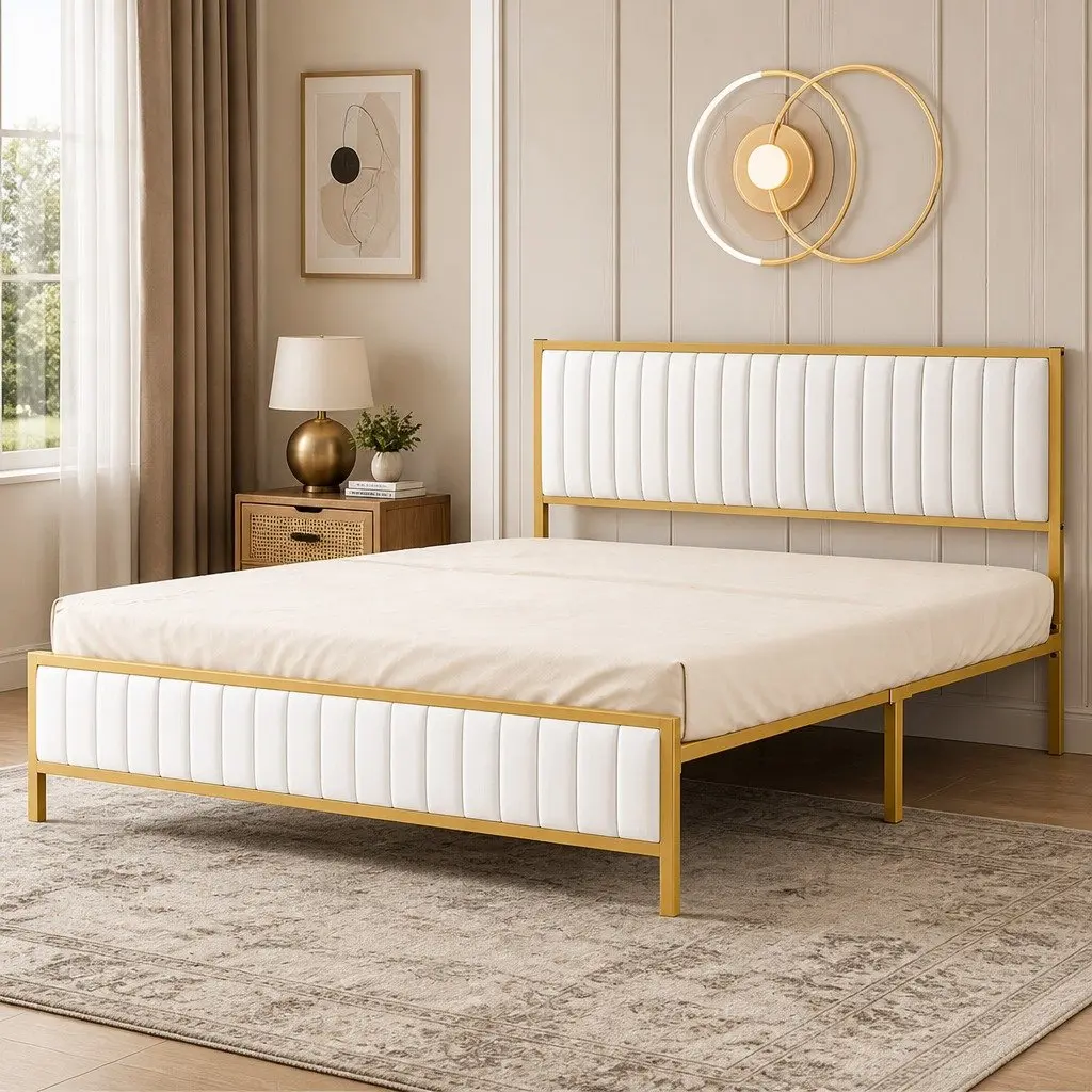 Queen Bed Frame with Padded Headboard and Storage