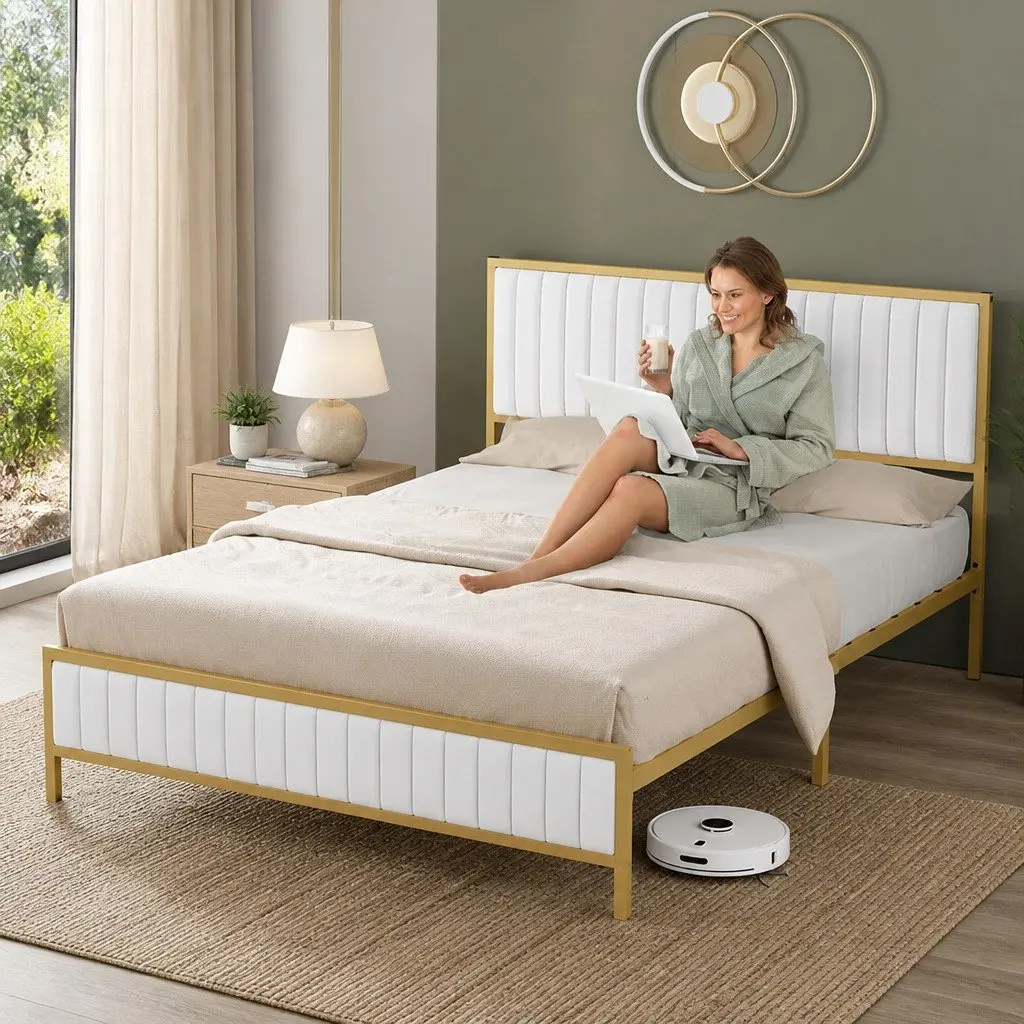 Queen Bed Frame with Padded Headboard and Storage