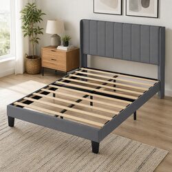 Sturdy Grey Upholstered Queen Bed Frame with Metal Support