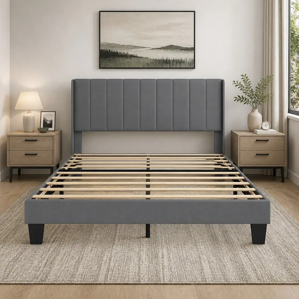 Grey Upholstered Queen Bed Frame with Metal Support