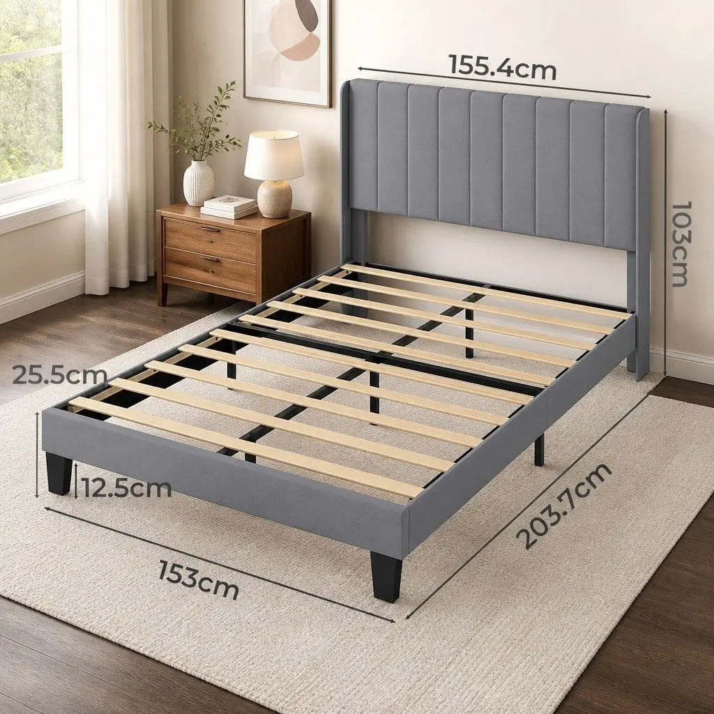 Grey Upholstered Queen Bed Frame with Metal Support