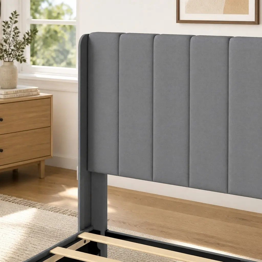 Grey Upholstered Queen Bed Frame with Metal Support