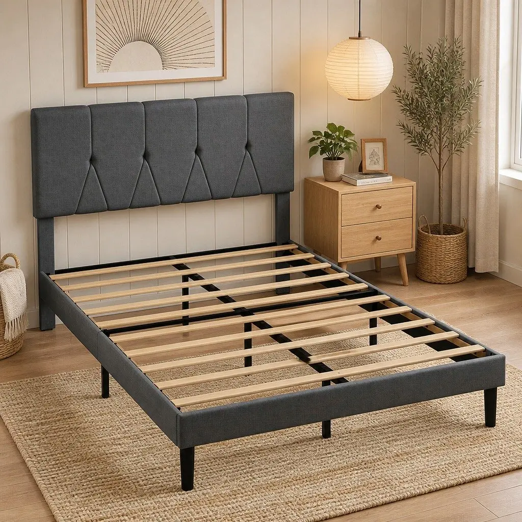 Double Upholstered Bed Frame with Under-Bed Storage