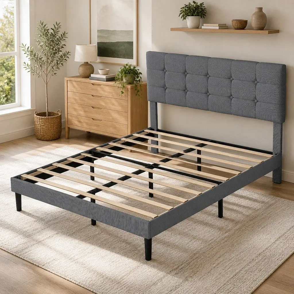 Queen Size Upholstered Platform Bed Frame with Storage