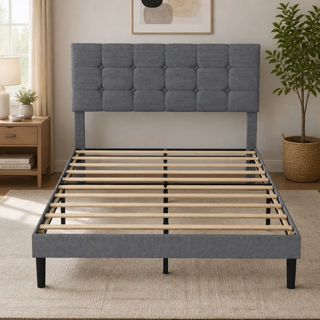 Queen Size Upholstered Platform Bed Frame with Storage