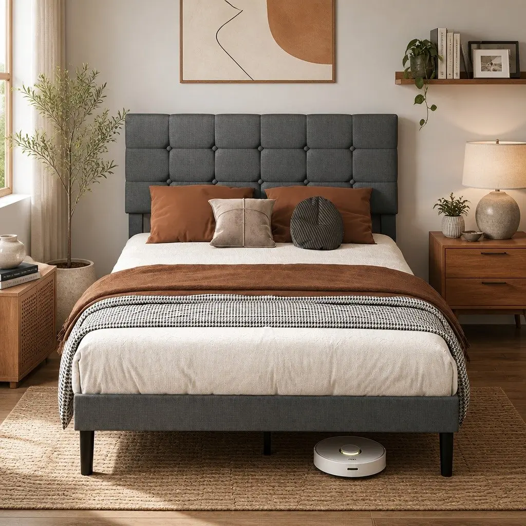 Queen Size Upholstered Platform Bed Frame with Storage