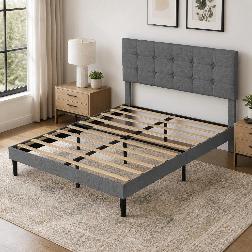 Queen Size Upholstered Platform Bed Frame with Storage