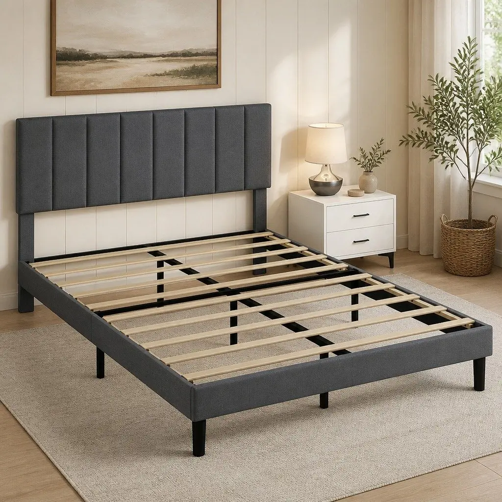 Upholstered Platform Bed Frame in Dark Grey