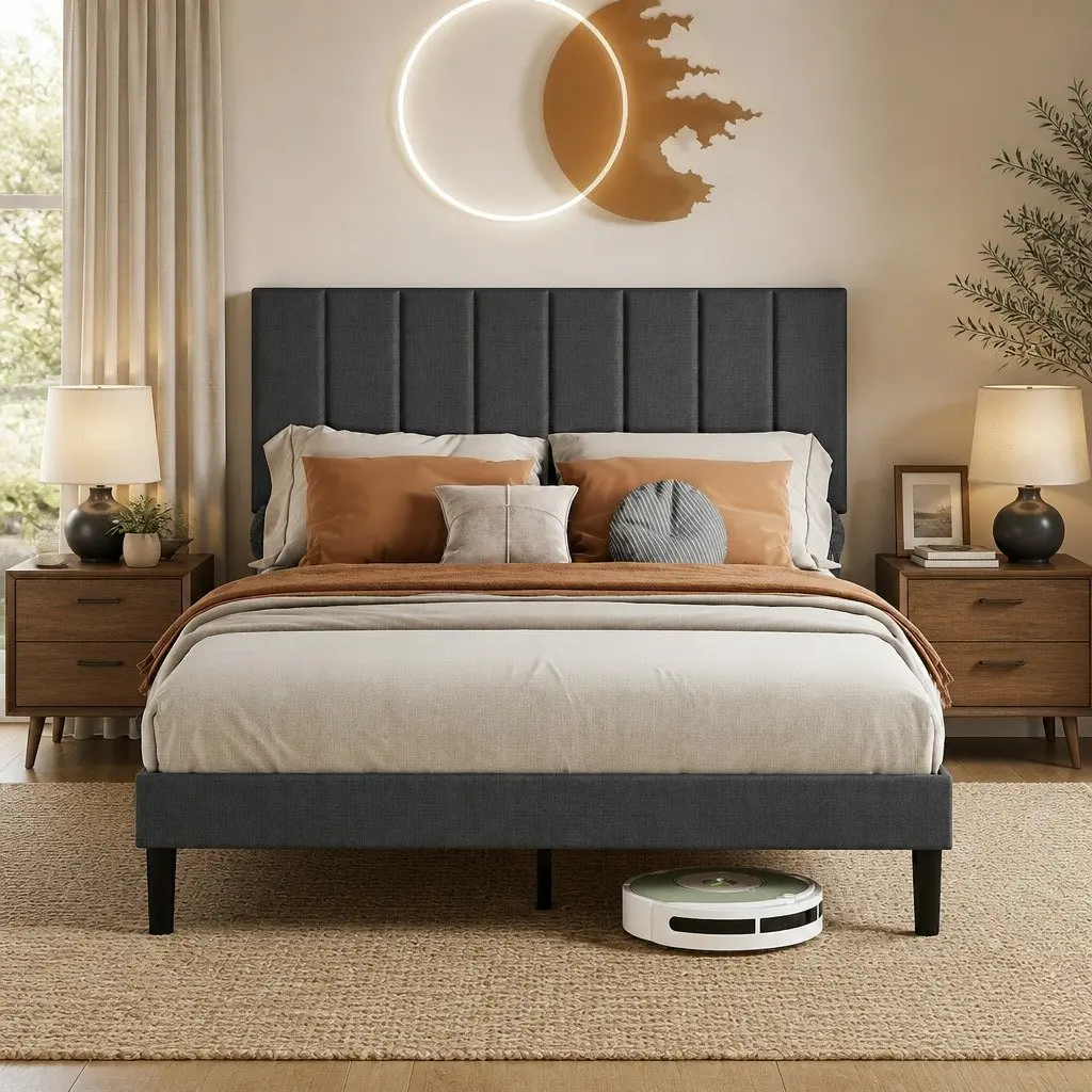 Upholstered Platform Bed Frame in Dark Grey