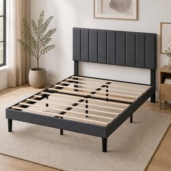 Queen Upholstered Platform Bed Frame Linen Fabric Storage Base Dark Grey