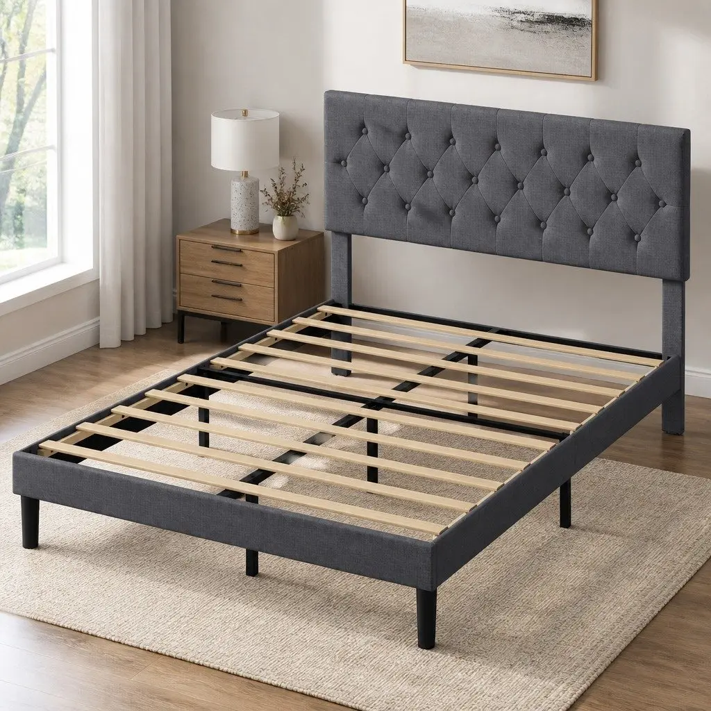 Upholstered Bed Frame Wooden Slat Storage Double Size Dark Grey