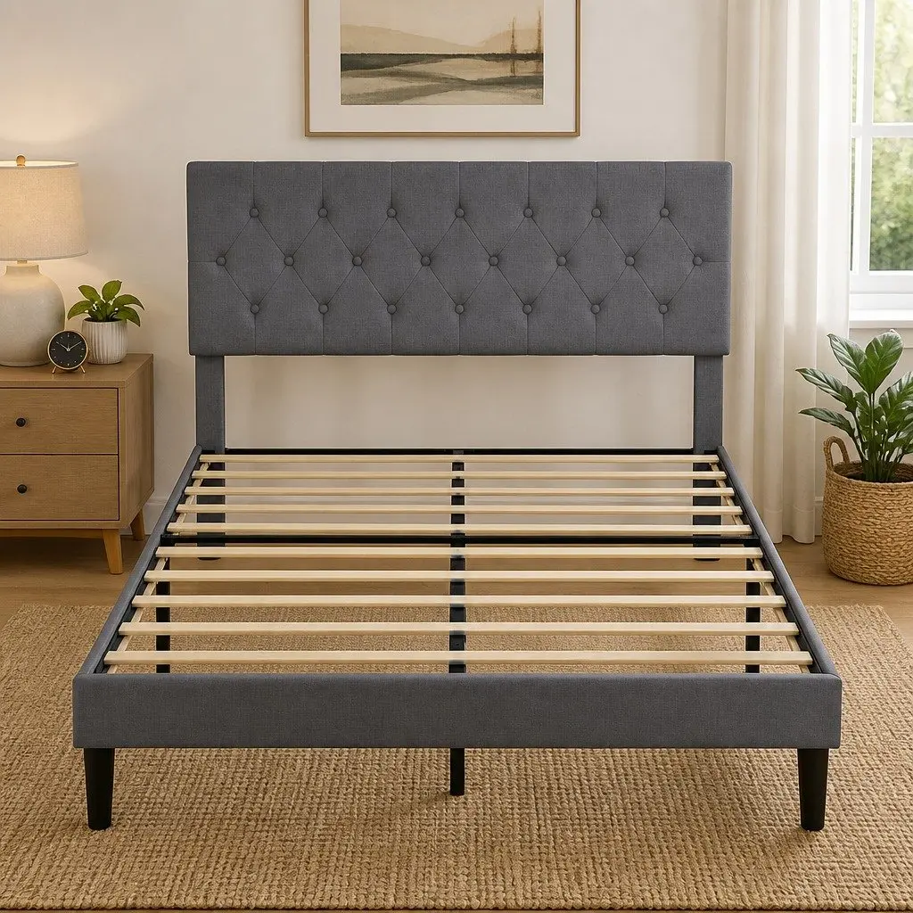 Upholstered Bed Frame Wooden Slat Storage Double Size Dark Grey