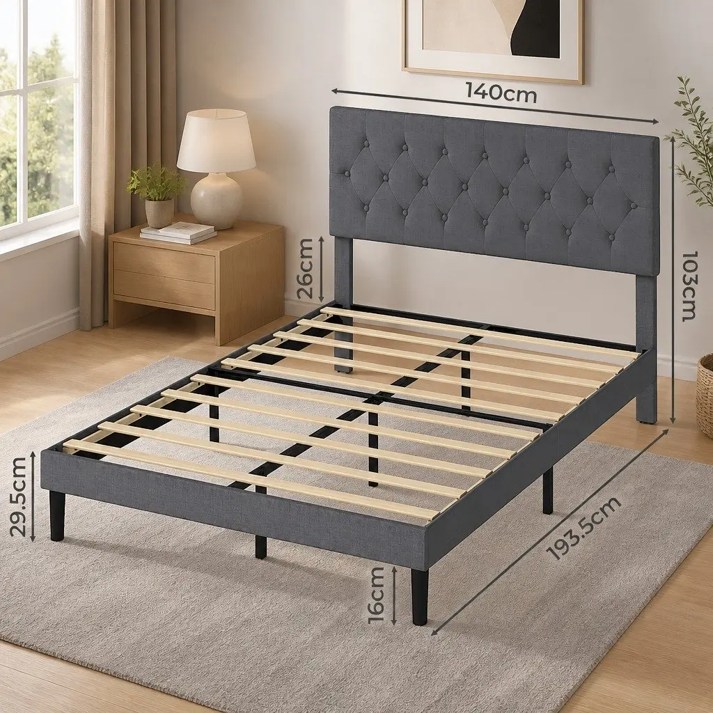 Upholstered Bed Frame Wooden Slat Storage Double Size Dark Grey