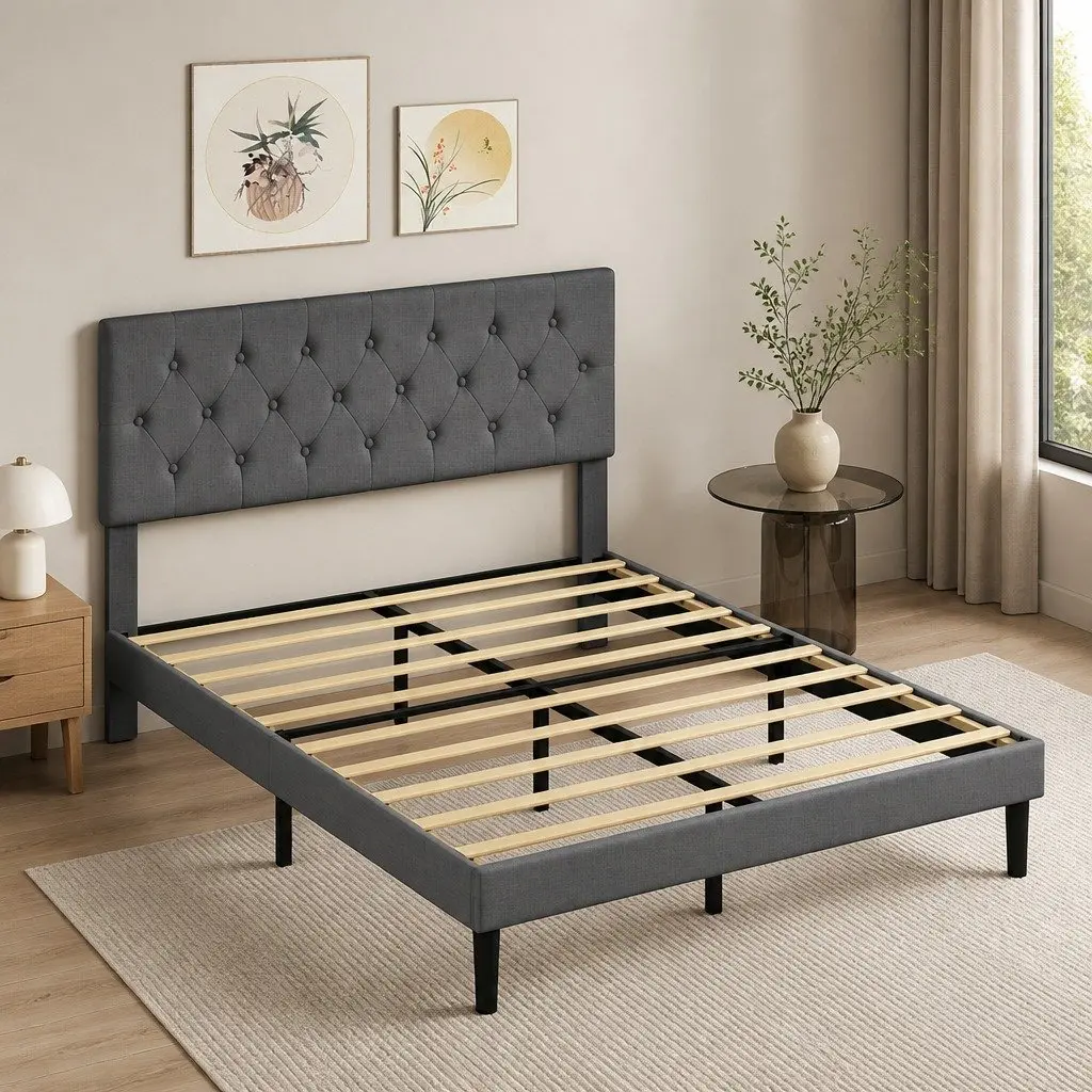 Upholstered Bed Frame Wooden Slat Storage Double Size Dark Grey